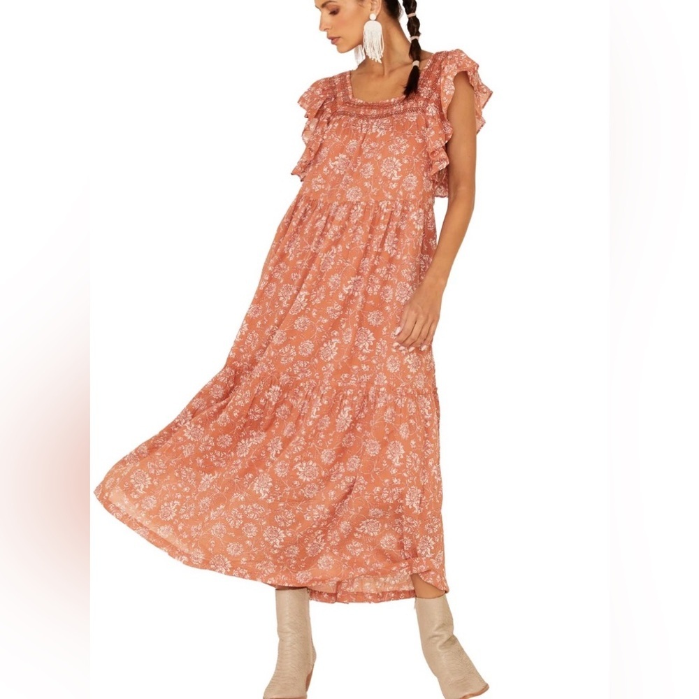 Free People Bonita Peach Floral Smocked Flutter Sleeve Midi Dress Size M